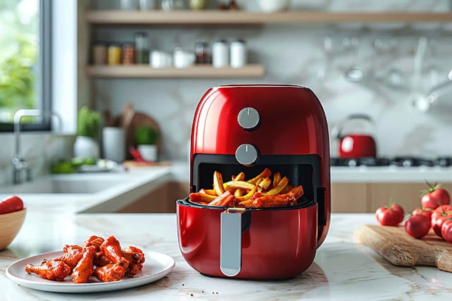 modern hot air fryer with cooked food